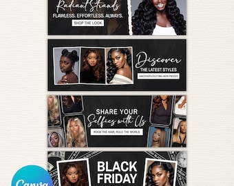 Editable Hair Bundles Web Slide Banners for Shopify, Customizable Hair Salon Templates, Perfect for Black Friday Promotions