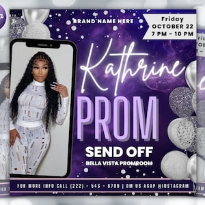 Op de afbeelding: Een paarse en zilveren uitnodiging met een foto van een persoon in een witte outfit. De tekst luidt "Kathrine Prom Send Off" en "Vrijdag 22 oktober 19:00-22:00 Bella Vista Promroom".