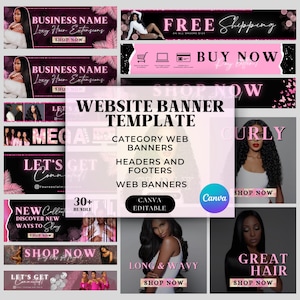 May include: A collection of website banner templates for a hair extensions business. The banners feature images of women with different hairstyles, including long and wavy, curly, and straight hair. The banners also include text such as "Website Banner Template", "Category Web Banners", "Headers and Footers", "Web Banners", "Shop Now", "Let's Get Connected", "New Collection", "Discover New Ways to Slay", "Long & Wavy", "Great Hair", and "Curly".