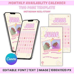Monthly Availability Calendar Instagram Story, Instagram Story Schedule Template, Available Appointments Calendar, Editable Canva Template