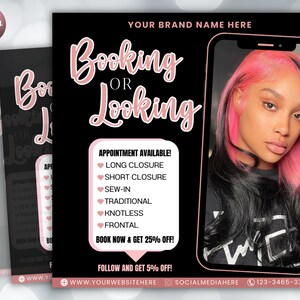 Booking Or Looking Appointment Flyer | DIY Book Now Available | Social Media Instagram | Hair Lashes Nails Wigs Makeup | Canva Template