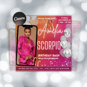 Editable Scorpio Birthday Flyer, Scorpio Invitation, Scorpio Flyer, Pink Invitation Flyer, Scorpio Party Flyer, Birthday Flyer Template