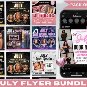 July Flyer Bundle, Bundle Of 08, New Arrivals Flyer, July Booking Flyer, Braids Flyer, Hair lash Nail Special Flyers, Wig Install Mua Flyers