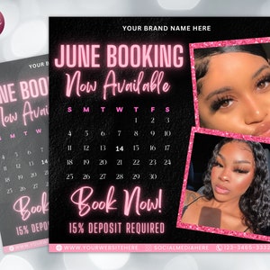 June Bookings Now Available Flyer, DIY Summer Book Now Appointments Beauty Hair Lashes Wigs Make Up Nails Social Media Canva Flyer Template