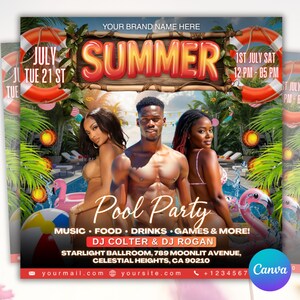 Pool Party Flyer, Summer Party Flyer, Summer Beach Party Flyer, Dj Party Invitation, Summer Break Flyer, Summer Event Flyer, Canva Editable