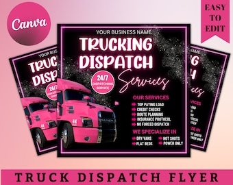 Op de afbeelding: Een roze en zwarte flyer met een roze vrachtwagen op de voorkant. De flyer adverteert met vrachtwagen dispatch-diensten met de tekst "Trucking Dispatch Services" in roze neonletters. De flyer somt diensten op zoals topverdienende lading, kredietcontroles, routeplanning, verzekeringsprotocol en geen gedwongen dispatch. De flyer vermeldt ook "We zijn gespecialiseerd in" droge opleggers, hot shots, vlakbedden en alleen vermogen.
