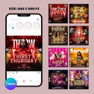 May include: A smartphone screen displays a Canva design with multiple event flyers. The main flyer promotes "Thirsty Thursday" with a woman in red. Other flyers advertise Valentine's, New Year's, Prom, Christmas, and Karaoke Night events.