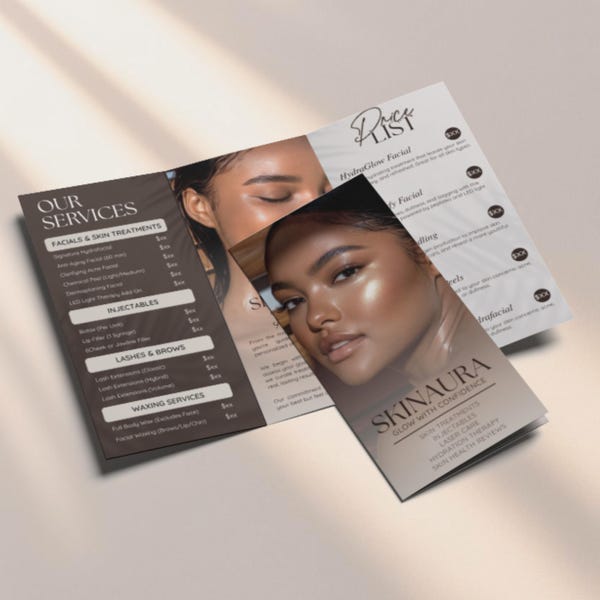 Esthetician Trifold Brochure, Salon Beauty Brochure Template, Minimalist Esthetician pricelist, Skincare Business Brochure, Canva Template