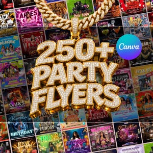 Puede incluir: Un collar de cadena dorada con un gran colgante tridimensional incrustado con piedras claras que forma la inscripción 250+ PARTY FLYERS, sobre un fondo de numerosos diseños de folletos de eventos coloridos y un logotipo circular de Canva.