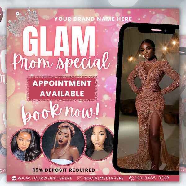 Prom Flyer, Prom Sale Flyer, Glam Prom Flyer, Prom Sendoff Flyer, Prom Sendoff, Hair, Makeup, Lash Tech, Lashes, Canva Template, wig install
