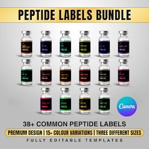 Mallar för peptidetiketter, utskrivbara etiketter för peptidbehandling, redigerbara etiketter för peptidflaskor i Canva, klistermärken för Nimbot-peptidetiketter