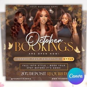 Puede incluir: Un folleto promocional de servicios de peluquería con tres personas de cabello castaño largo y ondulado. El texto dice October BOOKINGS ARE OPEN NOW, CHOOSE YOUR HAIRSTYLE, FALL INTO STYLE y 20% DEPOSIT REQUIRED, decorado con hojas de otoño doradas.