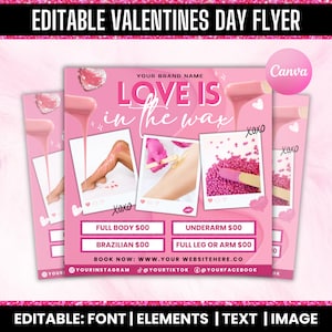 Folheto de cera para o dia dos namorados, folheto especial Love Is In The Wax, folheto editável para o dia dos namorados Canva, reservas para fevereiro, compromissos disponíveis