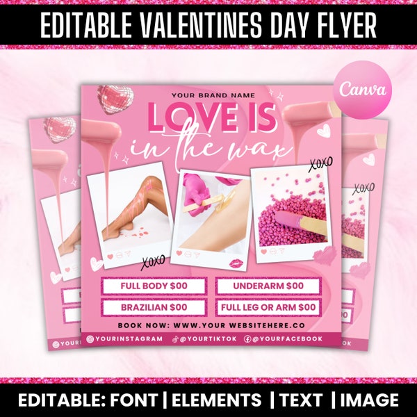 Valentines Day Wax Flyer, Love Is In The Wax Specials Flyer, Valentines Day Flyer Canva Editable, February Bookings, Appointments Available