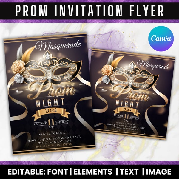 Prom Invitation Template, Prom Masquerade Theme Flyer, Prom Send Off, Prom Masquerade Party Flyers, Masquerade Prom Canva Editable Flyer
