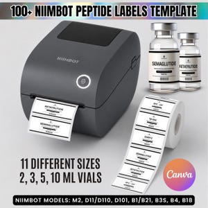 以下が含まれることがあります： ダークグレーのNiimbotラベルプリンター、白い電源ボタン、セマグルチドとレタルトルチドの白いラベルが貼られた2本のガラスバイアル、BPC-157やTB-500などのペプチド名が記載された白い粘着ラベルのロール。