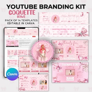 Bow Coquette Youtube Branding Kit, Editable Youtube Banners, Intros & Outros and Logo, YouTube Channel Kit - Minimal, Canva Templates