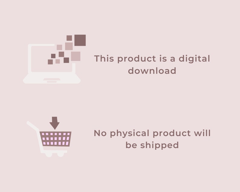 Op de afbeelding: Illustratie van een laptop met een digitaal downloadpictogram en een winkelwagen met een pijl naar beneden. De tekst "Dit product is een digitale download" en "Er wordt geen fysiek product verzonden" wordt onder de pictogrammen weergegeven.