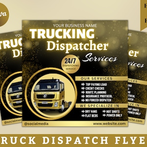 Puede incluir: Un folleto negro y dorado con un gráfico de camión dorado y el texto "Trucking Dispatcher Services" en blanco. El folleto enumera servicios como carga de pago superior, verificaciones de crédito, planificación de rutas, protocolo de seguro y ningún despacho forzado. El folleto también enumera especializaciones como furgonetas secas, disparos en caliente y camas planas. El folleto incluye el texto "Servicio de despacho 24/7" y la dirección del sitio web "www.website.com".