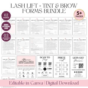 May include: A bundle of lash lift, tint, and brow forms, including aftercare cards and business signs. The forms are editable in Canva and available as a digital download. The bundle includes 02 sizes and 5+ pages.