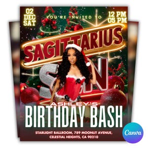 May include: A party invitation for Ashley's Birthday Bash. The design features a woman in a red corset and Santa hat, with the word "SAGITTARIUS" in gold. The event details include the date, time, and location: Starlight Ballroom, Celestial Heights, CA.