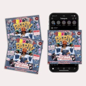 May include: A Y2K-style party invitation with a denim design, gold text reading "2000 Party", and images of a woman, butterflies, and lipstick. The invitation is for Anjella's 21st birthday, with the date and time displayed.