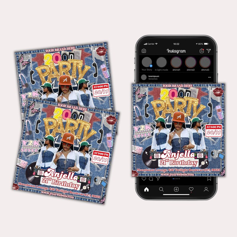 May include: A Y2K-style party invitation with a denim design, gold text reading "2000 Party", and images of a woman, butterflies, and lipstick. The invitation is for Anjella's 21st birthday, with the date and time displayed.