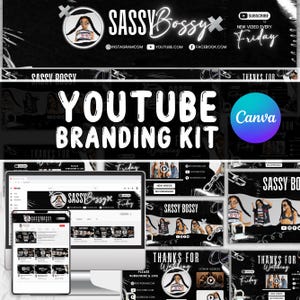 Black and White Youtube Branding Kit, Editable Banner Intro & Outro and Logo, Canva Trendy Youtube Channel Kit Canva Template