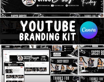 Black and White Youtube Branding Kit, Editable Banner Intro & Outro and Logo, Canva Trendy Youtube Channel Kit Canva Template
