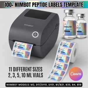 Peut inclure: Une imprimante d'étiquettes Niimbot gris foncé avec un rouleau d'étiquettes holographiques pour peptides. Deux flacons en verre à bouchon argenté portent des étiquettes holographiques. Texte : 100+ NIIMBOT PEPTIDE LABELS TEMPLATE, 11 DIFFERENT SIZES 2, 3, 5, 10 ML VIALS, et NIIMBOT MODELS: M2, D11/D110, D101, B1/B21, B3S, B4, B18.