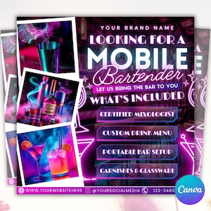 Volantino per barman mobile, fai da te, barman, servizi di bevande, pianificazione di eventi per feste, noleggio, social media, Instagram, modello modificabile Canva