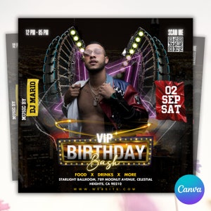 Male Birthday Flyer, Birthday Party Invitation, Birthday Bash For Men, Happy Birthday Flyer, Social Media Flyer, Editable Canva Template