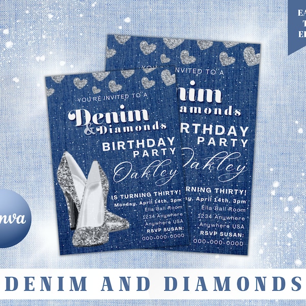 Denim And Diamond Invite, Blue Jeans, Party, Bling Fling, Invitations, Editable, Denim Diamonds, Ladies Night Out, Birthday Invitation