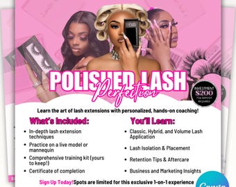1 on 1 Lash Class Flyer, DIY Lash Training Masterclass Course Template, Lashes Tech MUA Nail Hair Extensions Makeup Editable Canva Template