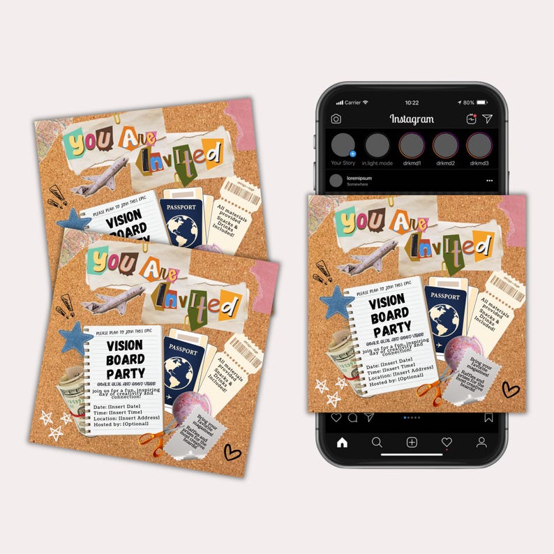 May include: A corkboard with a vision board party invitation. The invitation is decorated with travel-themed paper scraps, including a passport, airplane tickets, and a globe. The text on the invitation reads "You Are Invited" and "Vision Board Party".