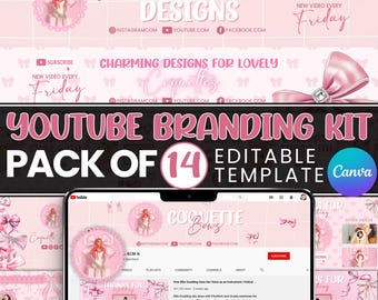 Kit de marca de YouTube Bow Coquette, banners editables, intros y outros, y logotipo, kit de canal de YouTube minimalista, plantillas de Canva
