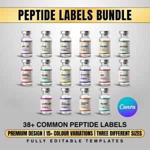 Puede incluir: Una colección de pequeños viales de vidrio con tapas plateadas, cada uno etiquetado con un nombre de péptido diferente. La imagen presenta el texto "PEPTIDE LABELS BUNDLE" y texto adicional que indica las características del producto, incluyendo "38+ COMMON PEPTIDE LABELS".