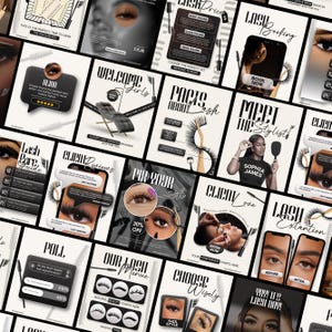 Może przedstawiać: Kolekcja szablonów mediów społecznościowych dla usług stylizacji rzęs i brwi, zawierająca czarno-białą grafikę, typografię oraz zdjęcia oczu, rzęs i akcesoriów kosmetycznych. Projekty zawierają teksty takie jak Lash Price, Welcome Girls, Facts About Lash, Meet The Stylist, Client Reviews, Fix Your Lash, Client Love, Lash Extantion, Poll, Our Lash Menue, Choose Wisely oraz Yay! It's Lash Day.