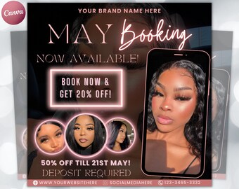 Mai-Buchungsflyer, Mai-Buchungen verfügbar, Mai-Terminflyer, Frühlingsflyer, Haare, Nägel, Make-up, Wimpern