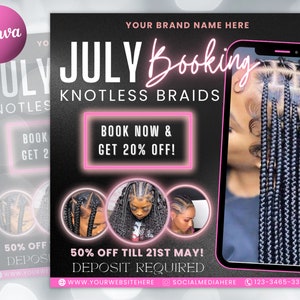 July Booking Flyer, Hair Braiding / Knotless Braids Flyer, DIY Summer Flyer, Summer Sale Flyer, Social Media Flyer, Canva Flyer Template