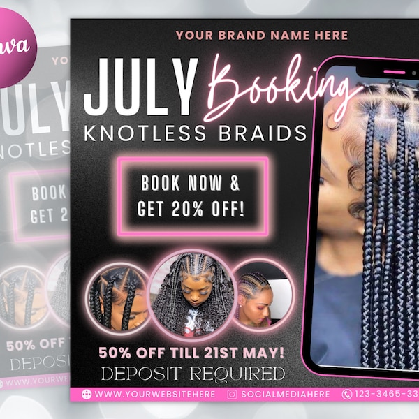July Booking Flyer, Hair Braiding / Knotless Braids Flyer, DIY Summer Flyer, Summer Sale Flyer, Social Media Flyer, Canva Flyer Template