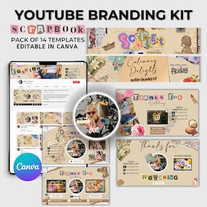 Scrapbook Youtube Branding Kit, Editable Youtube Banners, Intros & Outros and Logo, YouTube Channel Kit - Minimal, Editable Canva Templates