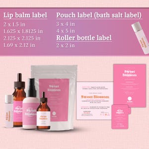 May include: A collection of Sweet Blossom branded cosmetic products including a lip balm, amber glass dropper bottles, a spray bottle, a pouch, and rectangular labels. The image displays various label dimensions in inches for lip balms, pouches, and roller bottles.