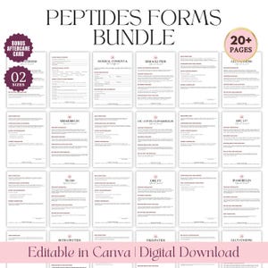Puede incluir: Un paquete de formularios de péptidos editables, que incluye una tarjeta de seguimiento de bonificación. Los formularios se muestran sobre un fondo blanco con texto negro. El paquete incluye más de 20 páginas y está disponible en 02 tamaños. El texto "Editable in Canva | Digital Download" está en la parte inferior.