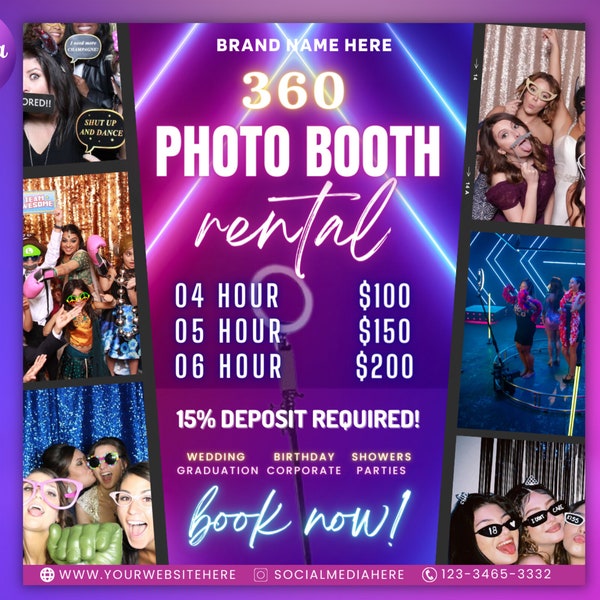 360 Photo Booth Rental Flyer | DIY Event Photography Rental Party Celebration Photobooth Social Media Instagram Editable Canva Template