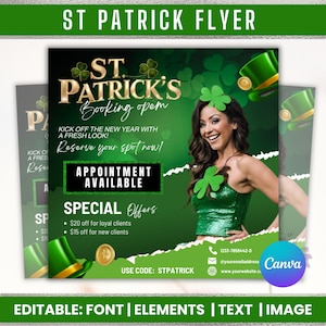Può includere: Un volantino verde e oro per il giorno di San Patrizio con una donna che indossa un abito verde e oro e un cappello a trifoglio. Il volantino pubblicizza la prenotazione degli appuntamenti e include offerte speciali per i clienti fedeli e i nuovi clienti. Il testo sul volantino recita "St. Patrick's Booking Open", "Kick off the new year with a fresh look!" e "Reserve your spot now!"  Il volantino include anche un numero di telefono, un indirizzo email, un indirizzo del sito web e il testo "Use code: STPATRICK".