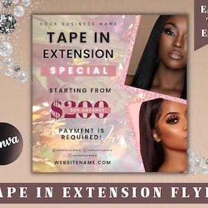 May include: A promotional flyer for tape-in hair extensions. The design features a pink and iridescent background with text that reads "Tape In Extension Special" and "Starting from $200." Two women are pictured. The flyer is labeled "Easy to Edit."