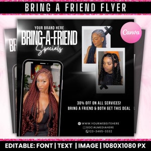 Bring A Friend Booking Flyer, Bring A Friend Special, Bring A Friend Deal, Bestie Deal Flyer, Hair Braids Lashes Wigs Nails Makeup Promotion