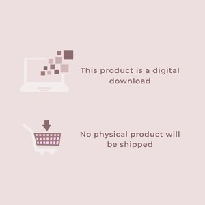 May include: An advertisement for a digital download product, featuring a laptop icon and text. A shopping cart icon with a downward arrow indicates no physical product will be shipped. The background is a light mauve colour.