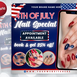 4th of July Flyer, 4th of July Nails Special Flyer, Independence Day Flyer,DIY Flyer Template,Social Media Post,Canva Flyer,Instant Download